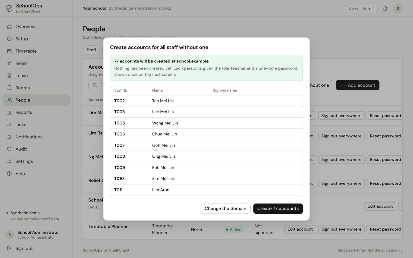 The list of staff who will get an account. Fictional demo data.