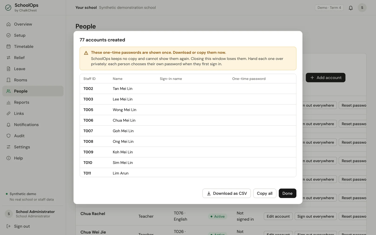 The list of new accounts, with Download as CSV and Copy all. Fictional demo data.