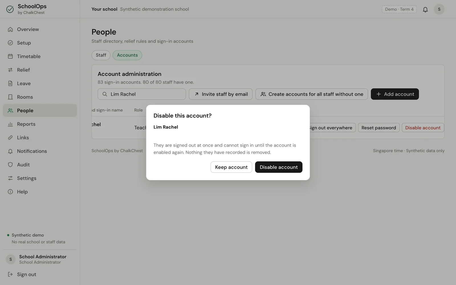 The question asked before disabling an account. Fictional demo data.