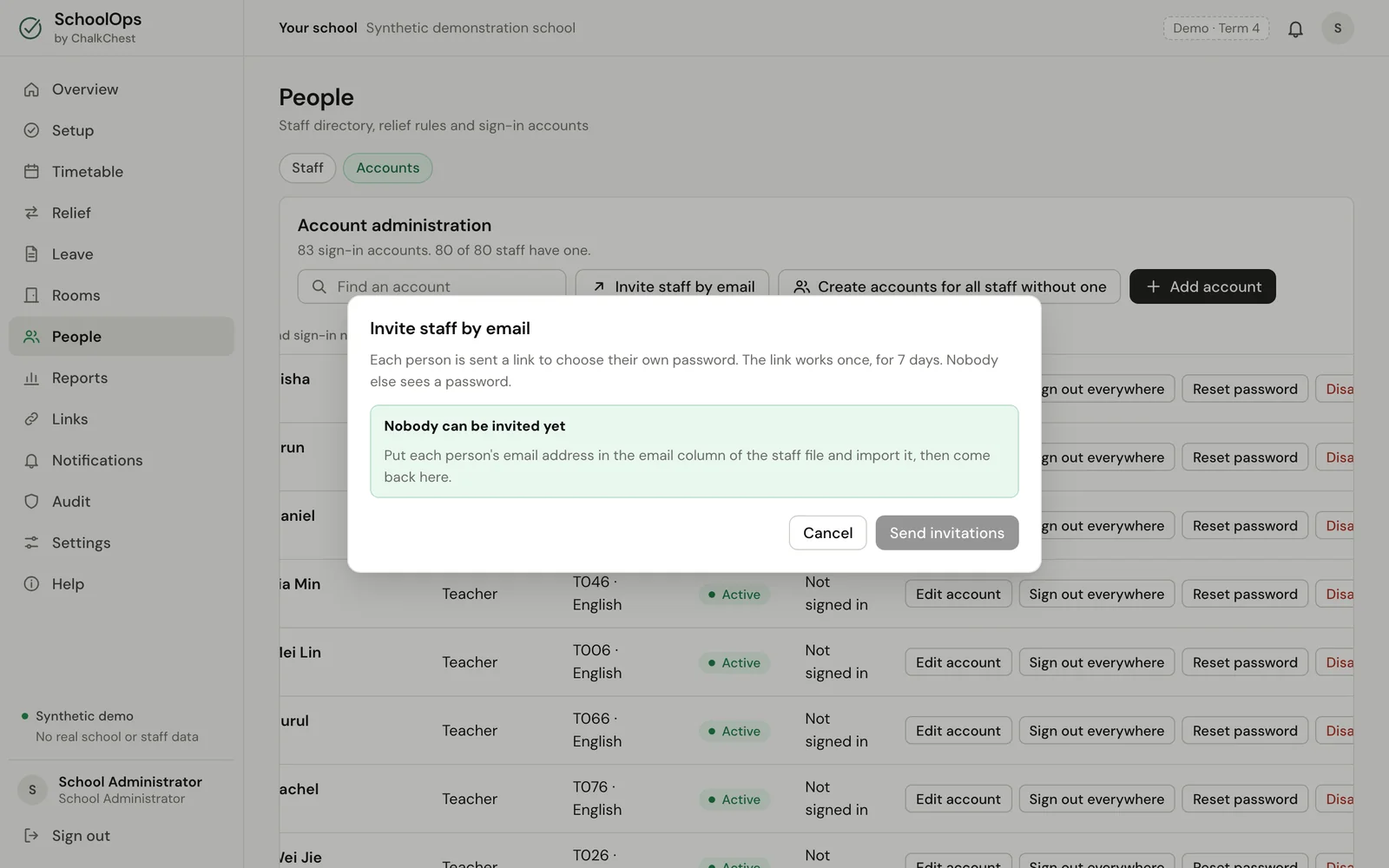 The Invite staff by email window. Fictional demo data.