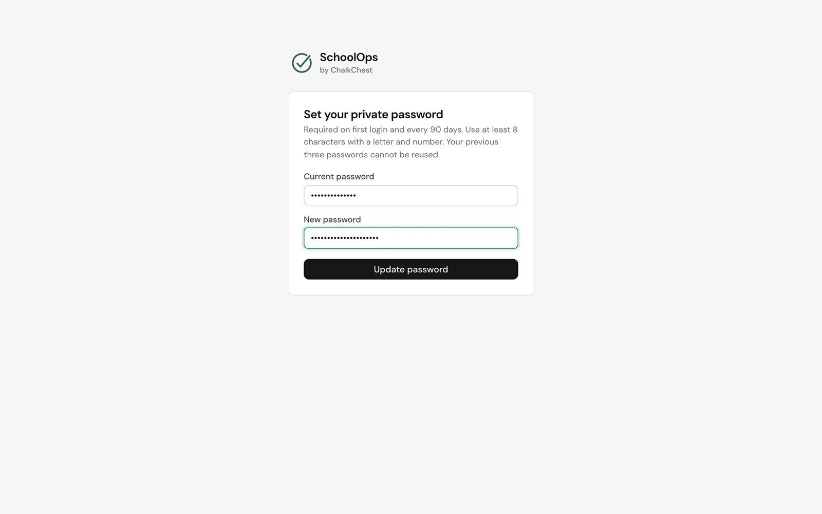 Choosing your own password at the first sign-in. Fictional demo data.