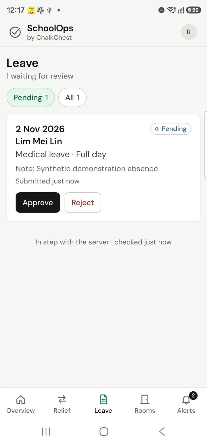 The coordinator’s Leave tab on the phone with one request waiting, and Approve and Reject buttons. Fictional demo data.