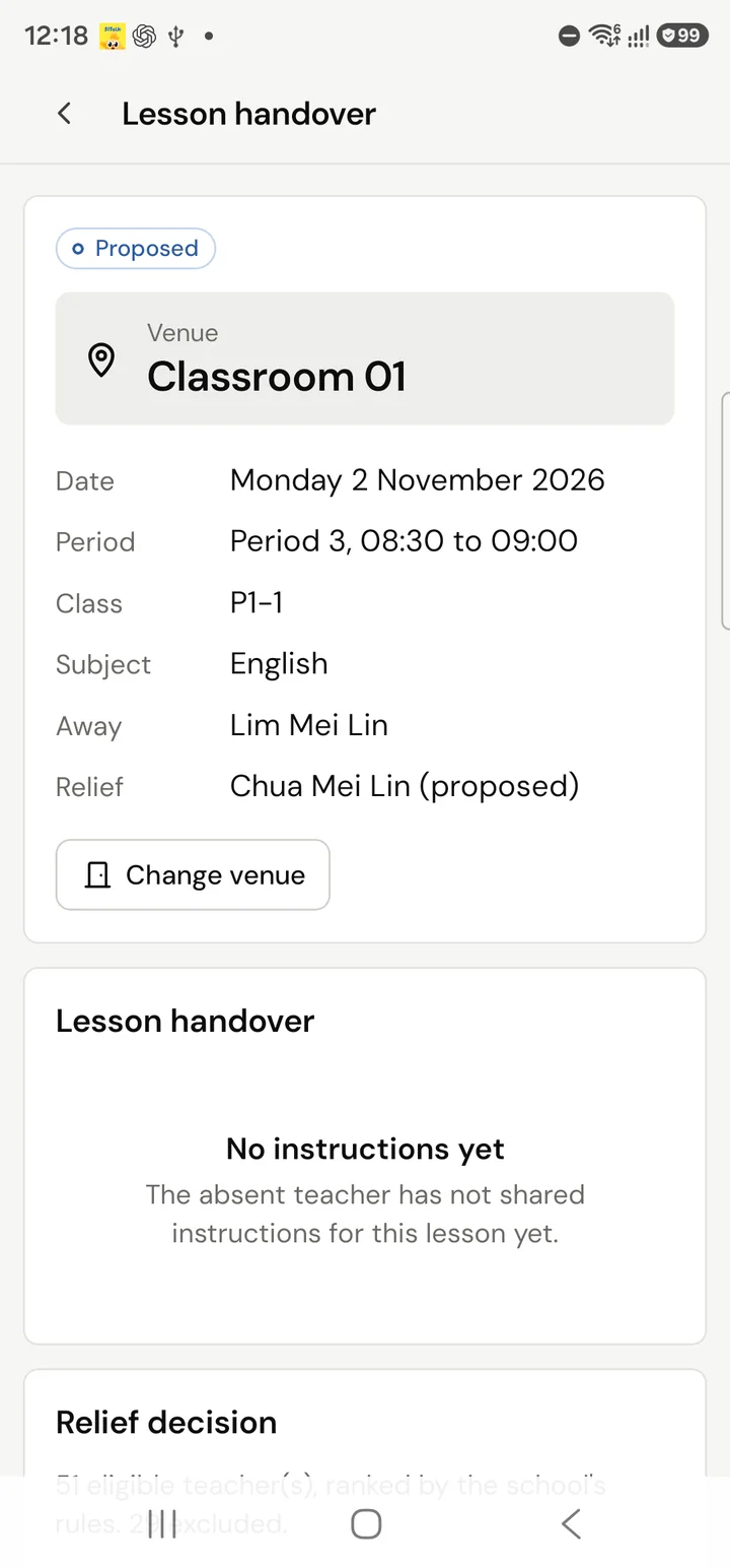 A lesson needing cover, marked Proposed, with its room, the absent teacher, the proposed teacher and a Change venue button. Fictional demo data.