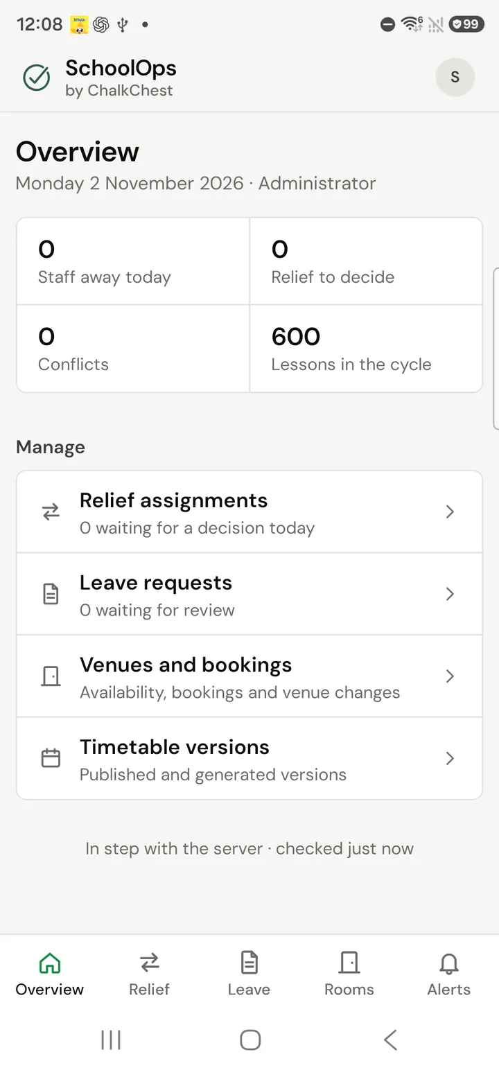 The Overview tab on the phone, with the day’s figures and a list: relief assignments, leave requests, venues and bookings, timetable versions. Fictional demo data.