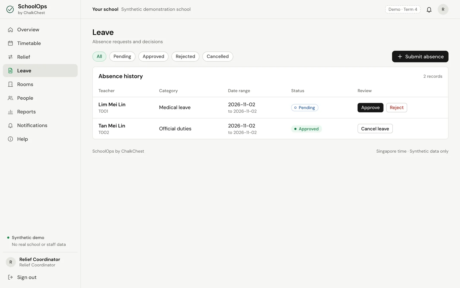The Leave page with one request waiting and one already approved. Fictional demo data.