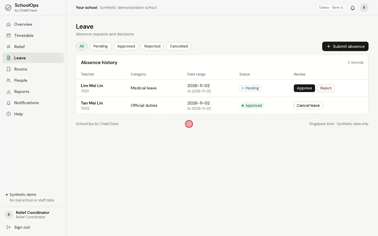 Approving a leave request. Fictional demo data.