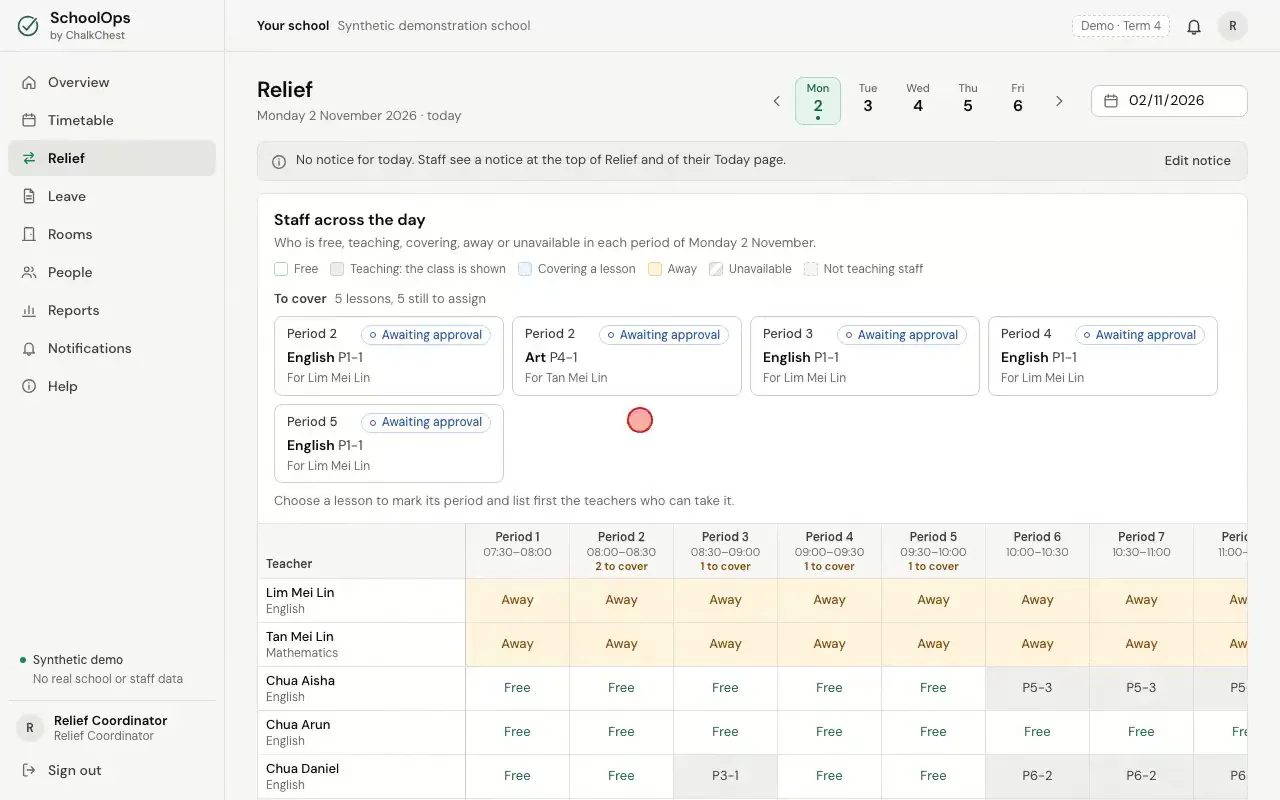 Choosing a lesson to cover, then assigning the first teacher listed. Fictional demo data.