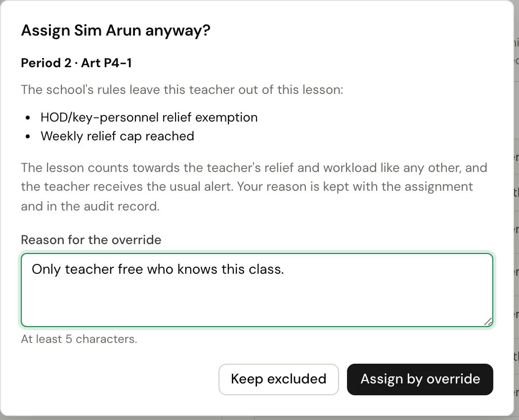 The Assign anyway window with a reason typed in. Fictional demo data.