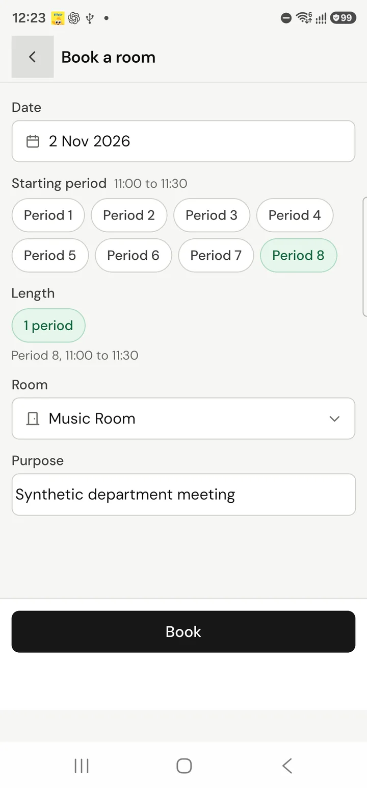 The Book a room form, with the date, the starting period, the length, the room and the purpose. Fictional demo data.