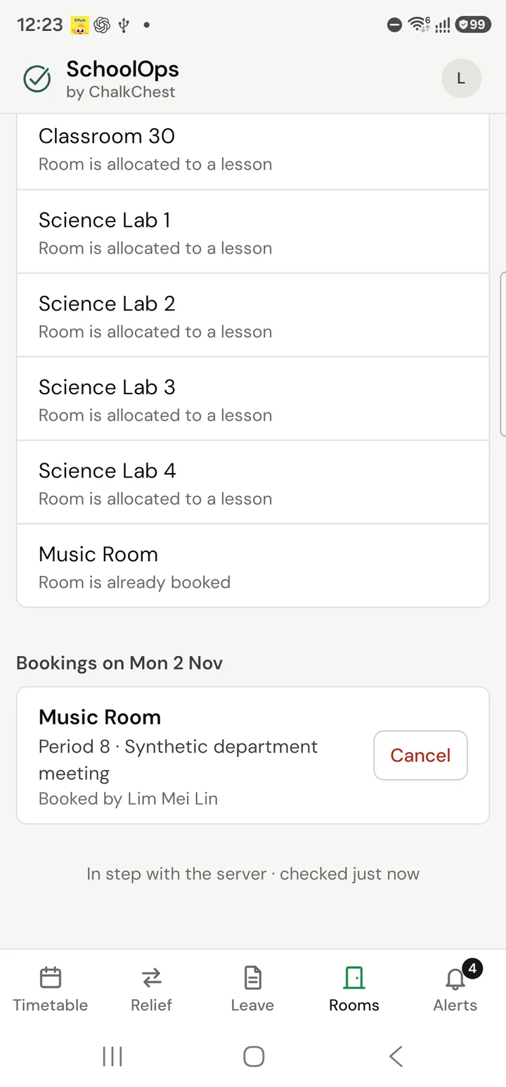 The Rooms tab after booking, showing the Music Room as already booked and the booking listed with a Cancel button. Fictional demo data.