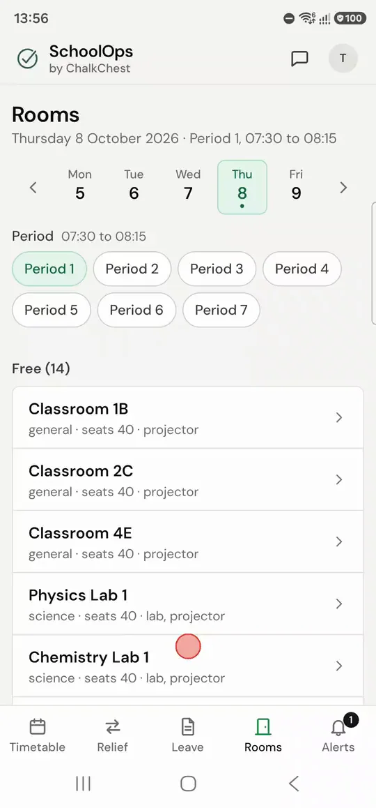 A short clip: choosing a period and a day on Rooms, then tapping a free room to open the booking form. Fictional demo data.