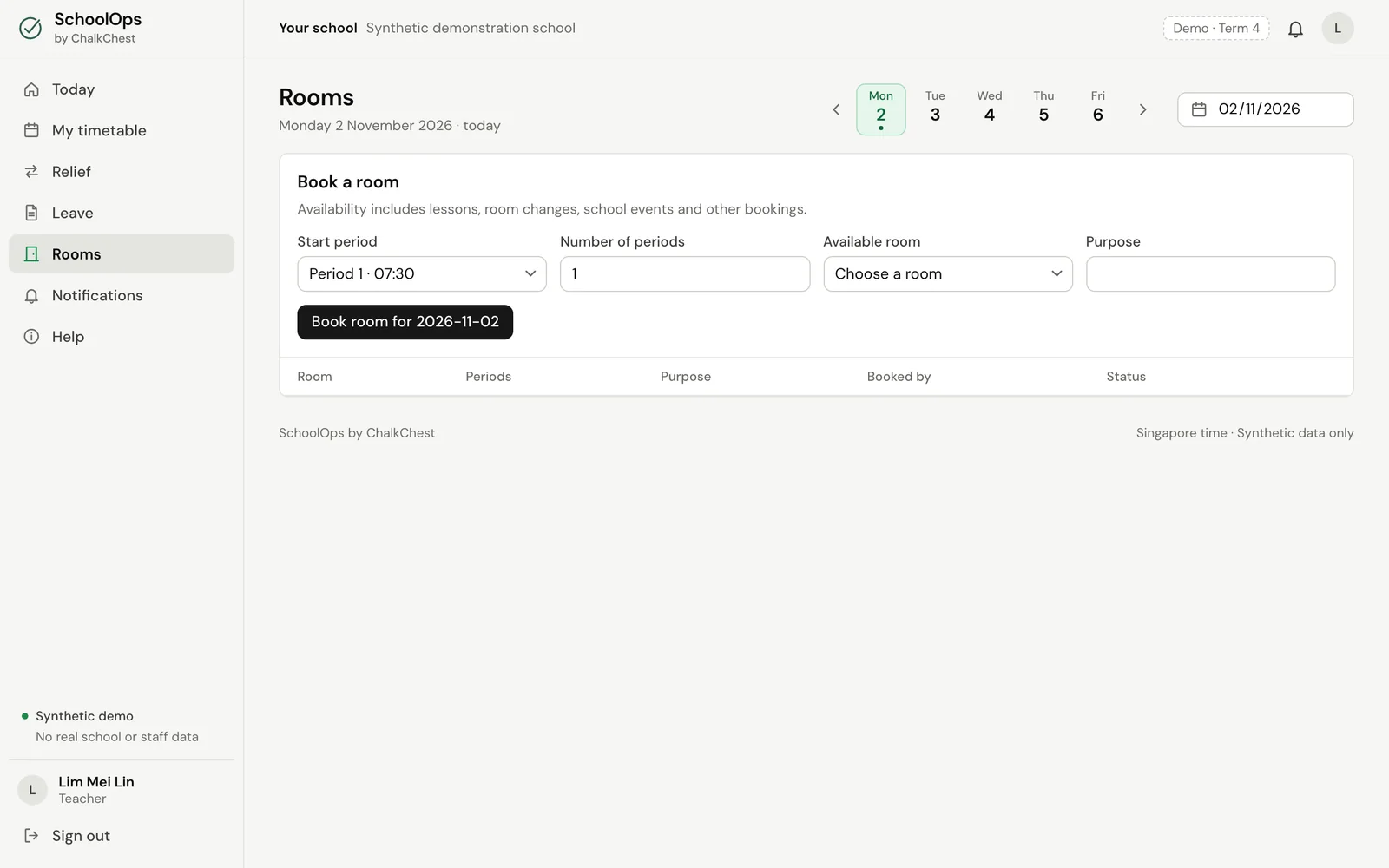 The Rooms page with Book a room at the top. Fictional demo data.