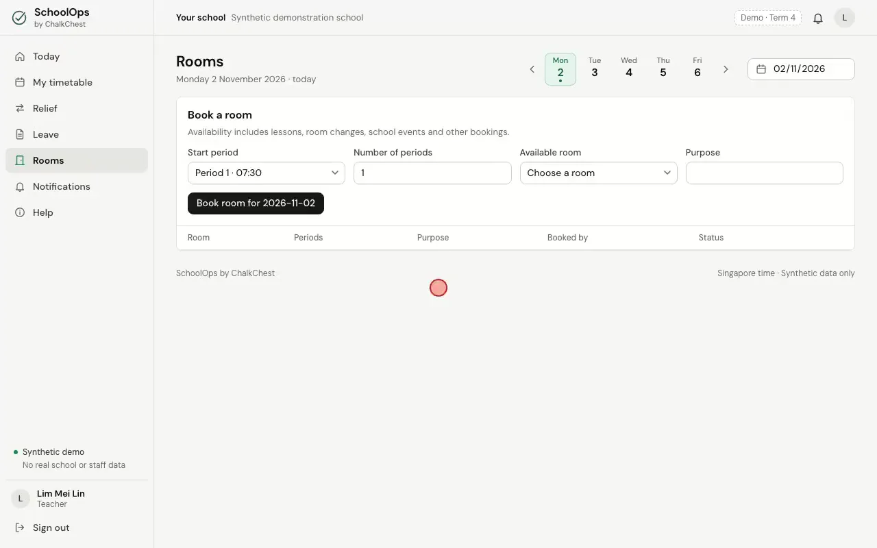Choosing a period and a free room, typing the purpose and booking the room. Fictional demo data.