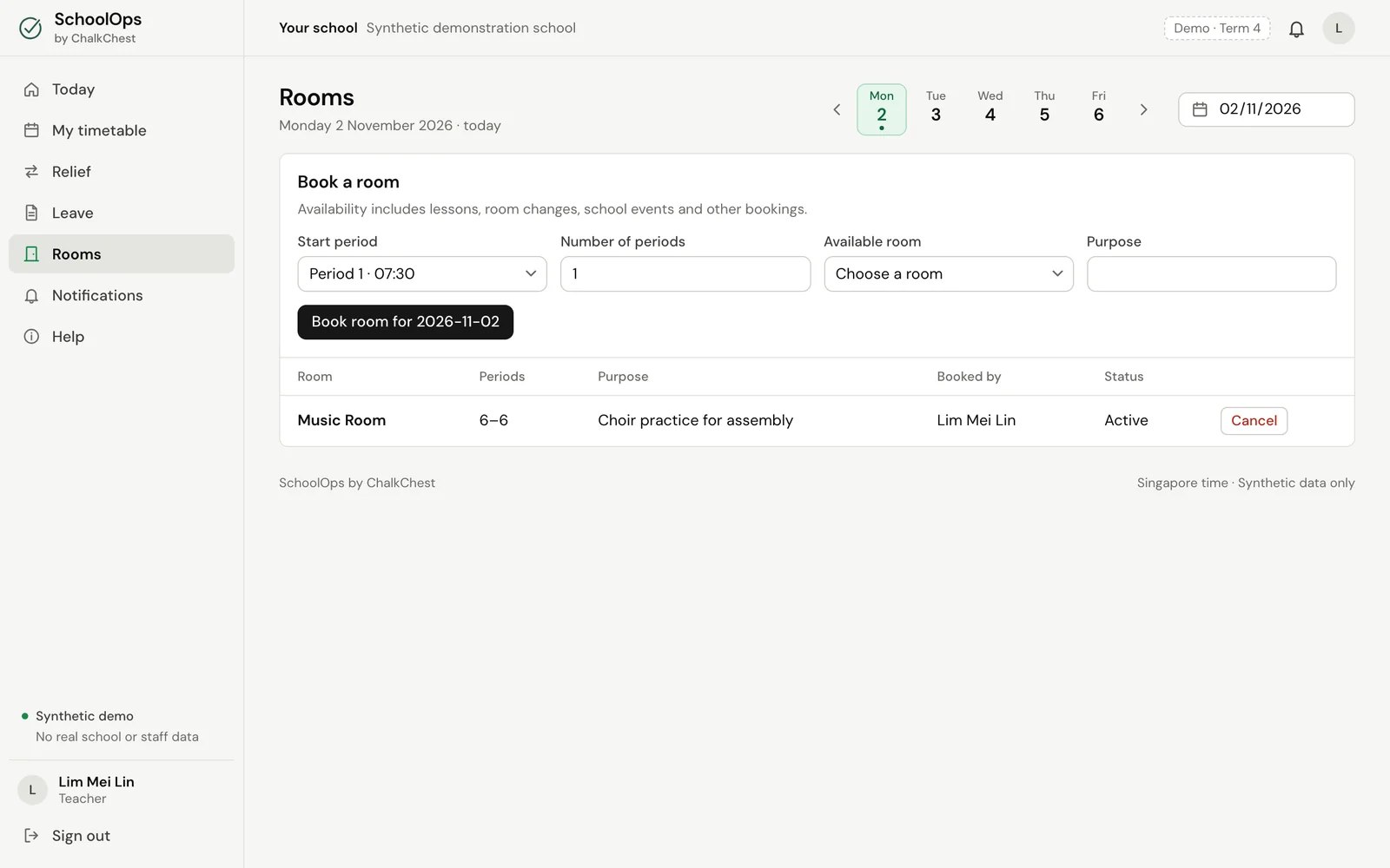 The new booking in the list under the form. Fictional demo data.