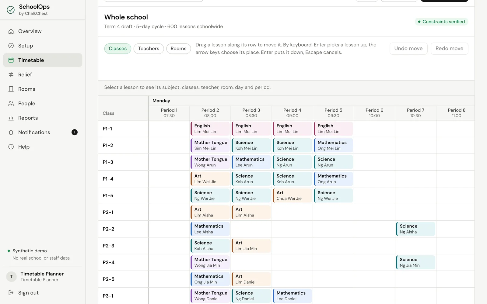 A draft timetable in the Whole school grid. Fictional demo data.