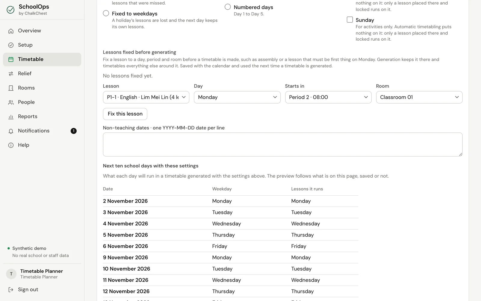Choosing a lesson, a day, a period and a room to fix before generating. Fictional demo data.