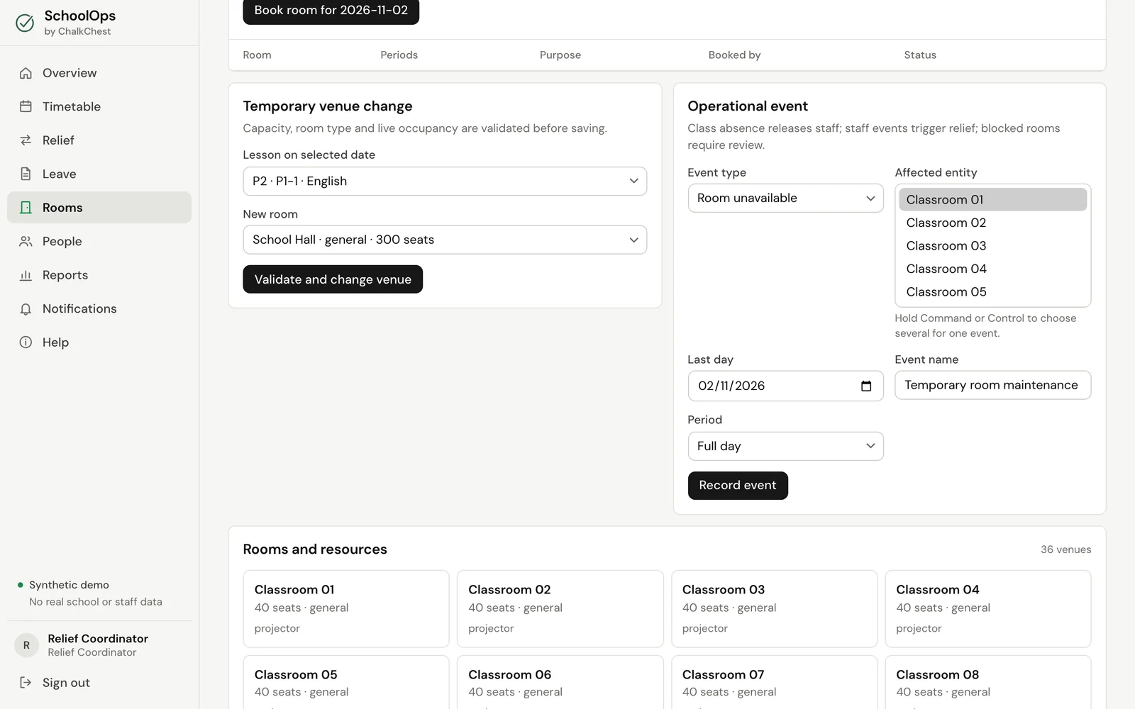 The Operational event form on the Rooms page. Fictional demo data.