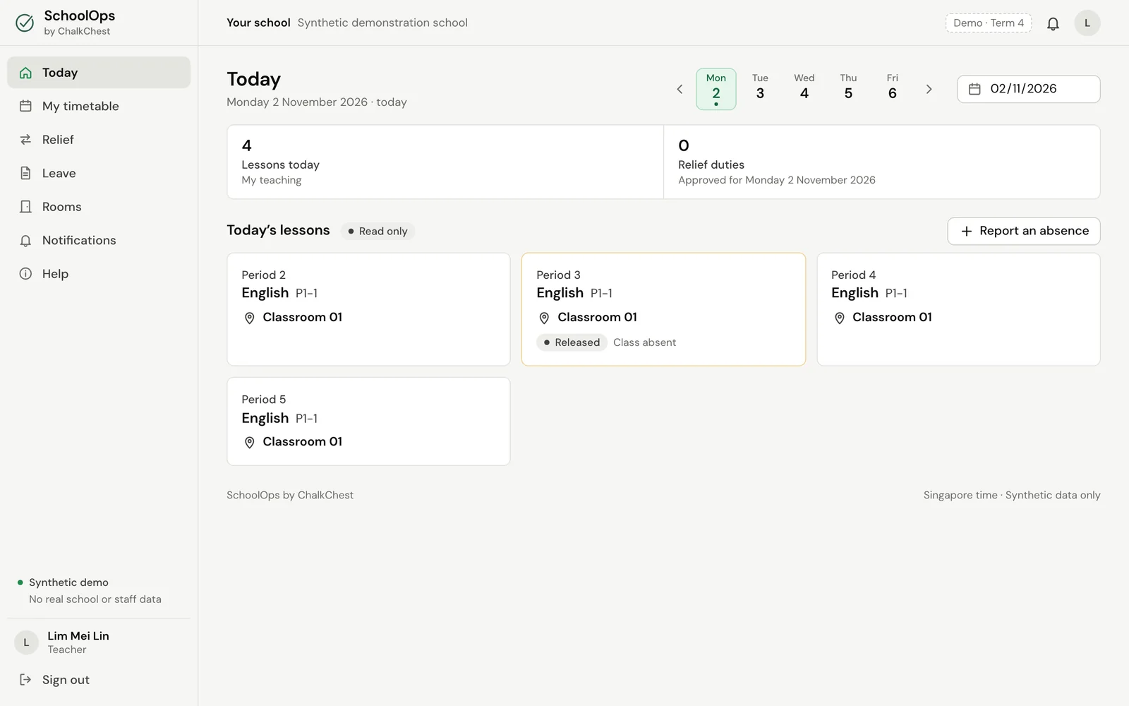 A teacher’s Today page with one lesson marked Released because the class is absent. Fictional demo data.