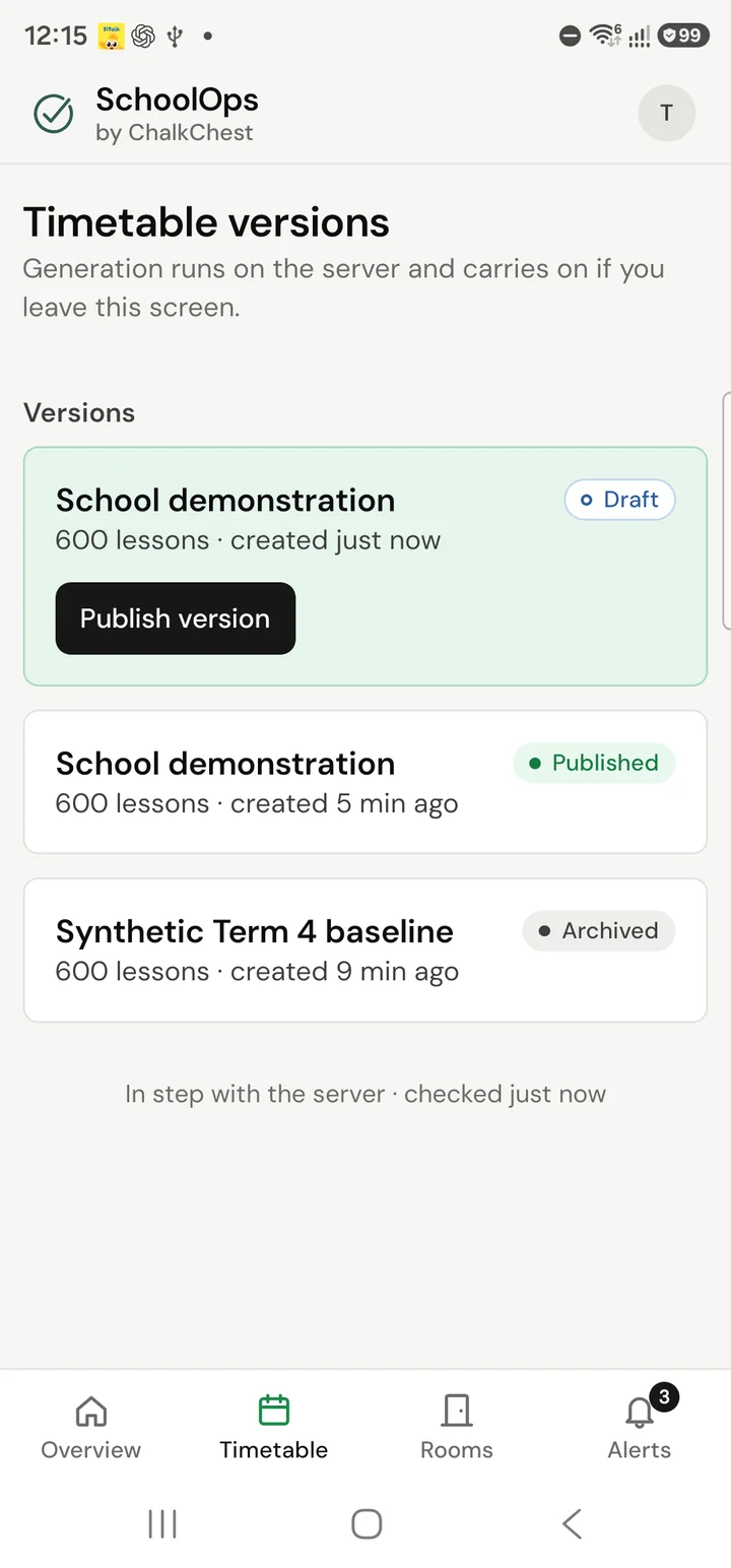 Timetable versions on the planner’s phone, with a new draft and its Publish version button. Fictional demo data.