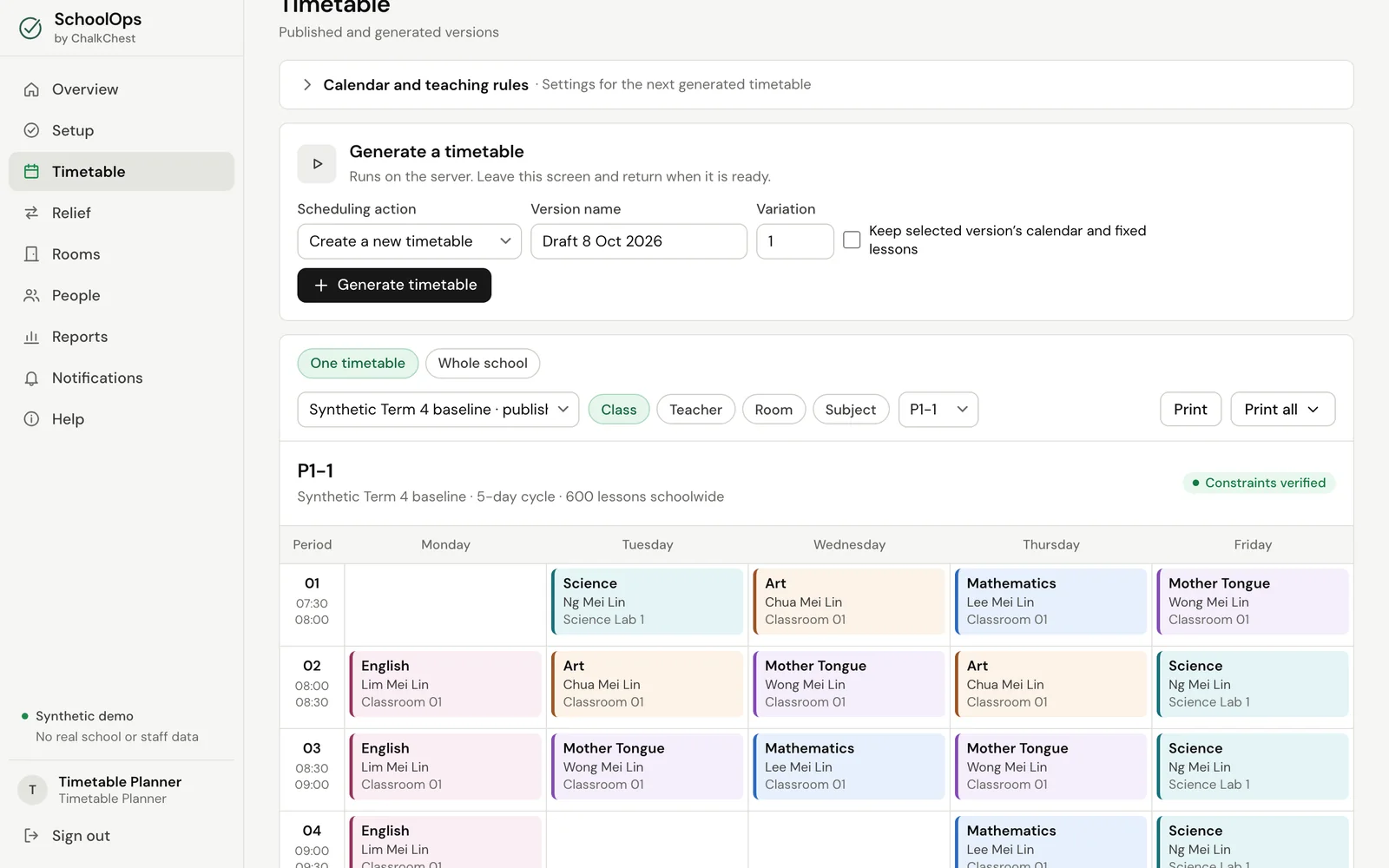 The Generate a timetable section. Fictional demo data.