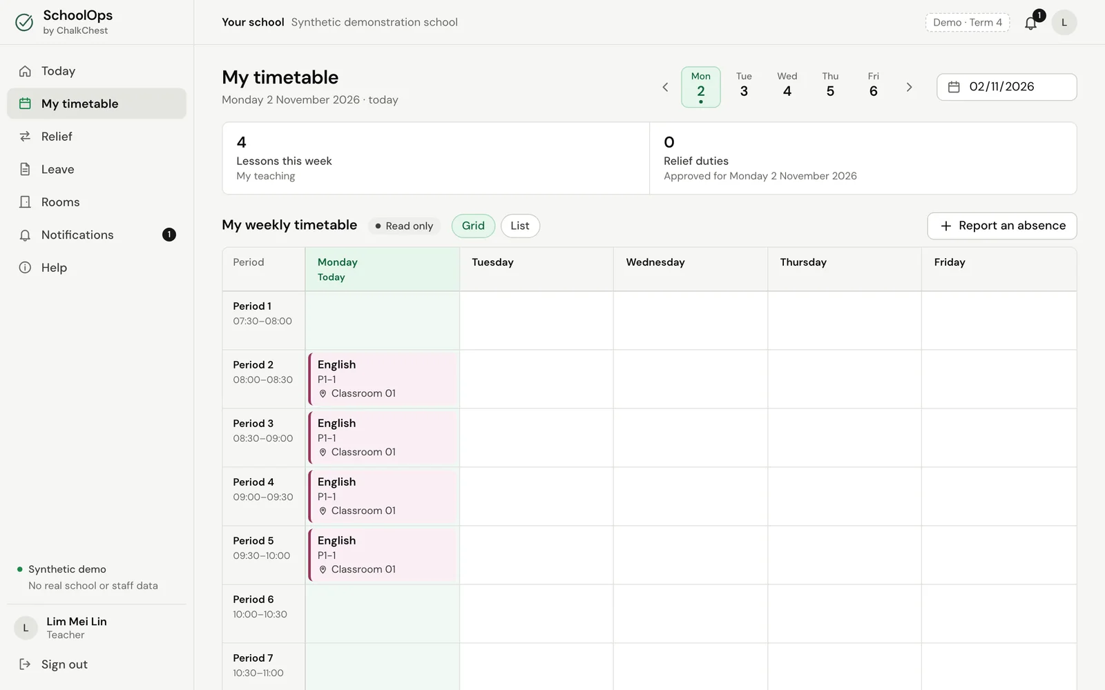 A teacher’s own week on My timetable. Fictional demo data.