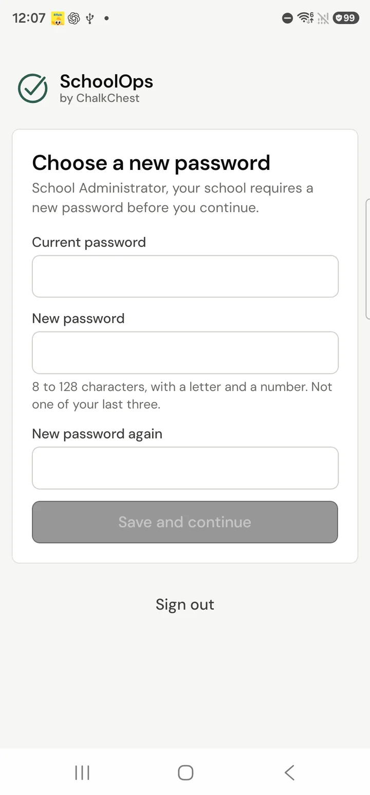 The Choose a new password screen, with boxes for the current password and the new password twice. Fictional demo data.