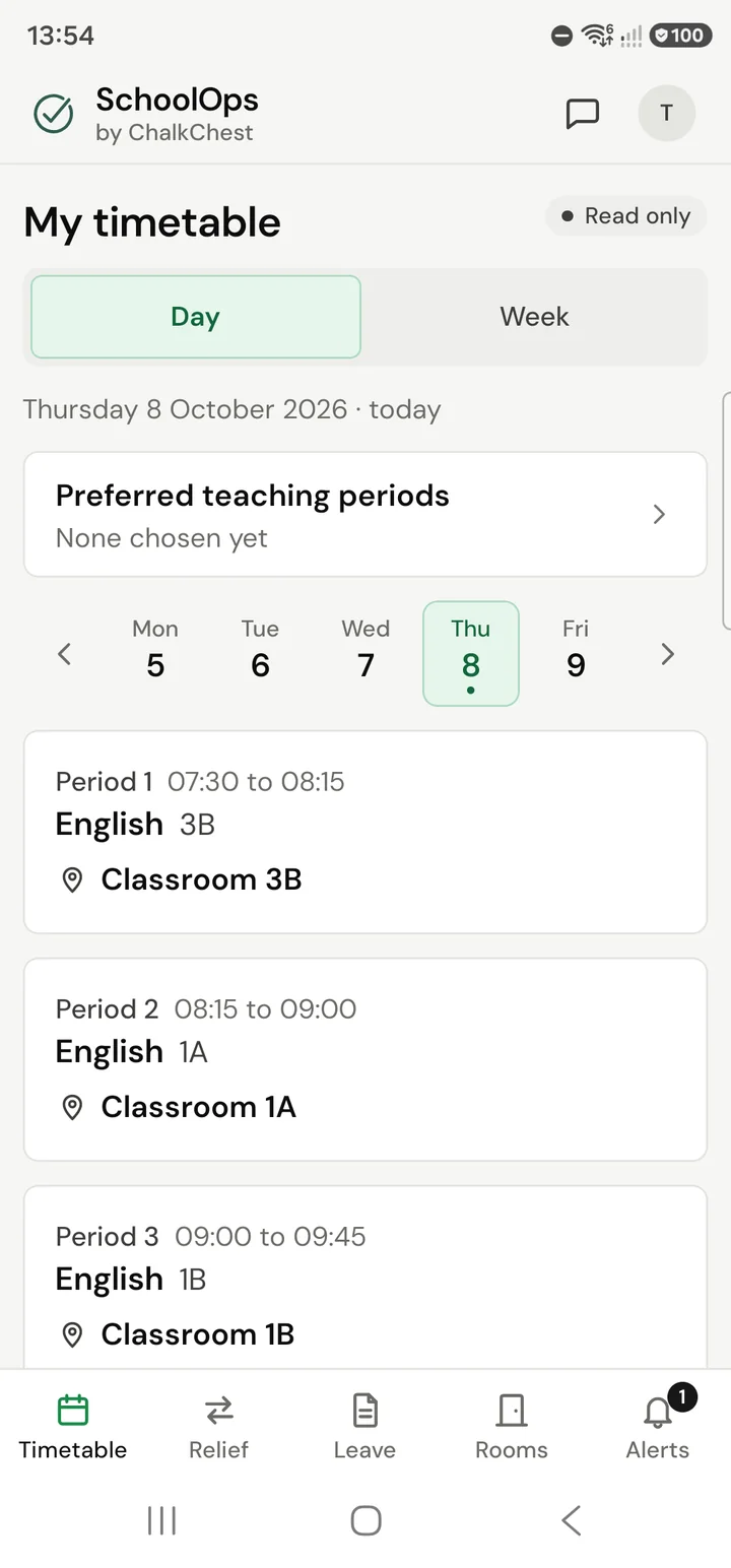 My timetable on the phone for one day, with the Day and Week switch at the top and each lesson’s period, time, class and room. Fictional demo data.
