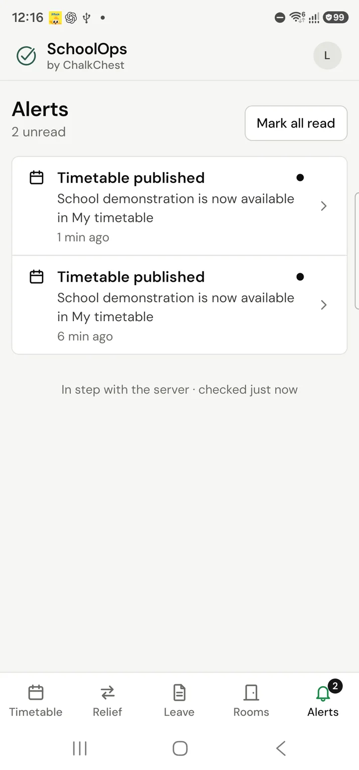 The Alerts tab with two unread alerts, both saying a timetable has been published. Fictional demo data.