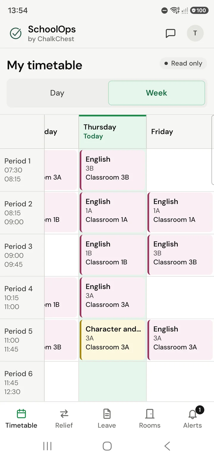 My timetable as a week grid, one column for each day and one row for each period. Fictional demo data.