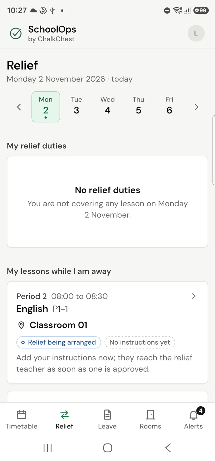 The Relief tab on the phone, with My relief duties above and My lessons while I am away below. Fictional demo data.