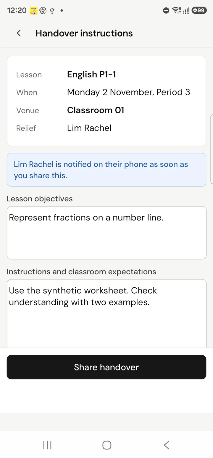 The Handover instructions form, with the lesson, the room and the relief teacher at the top, then boxes for objectives and instructions, and a Share handover button. Fictional demo data.