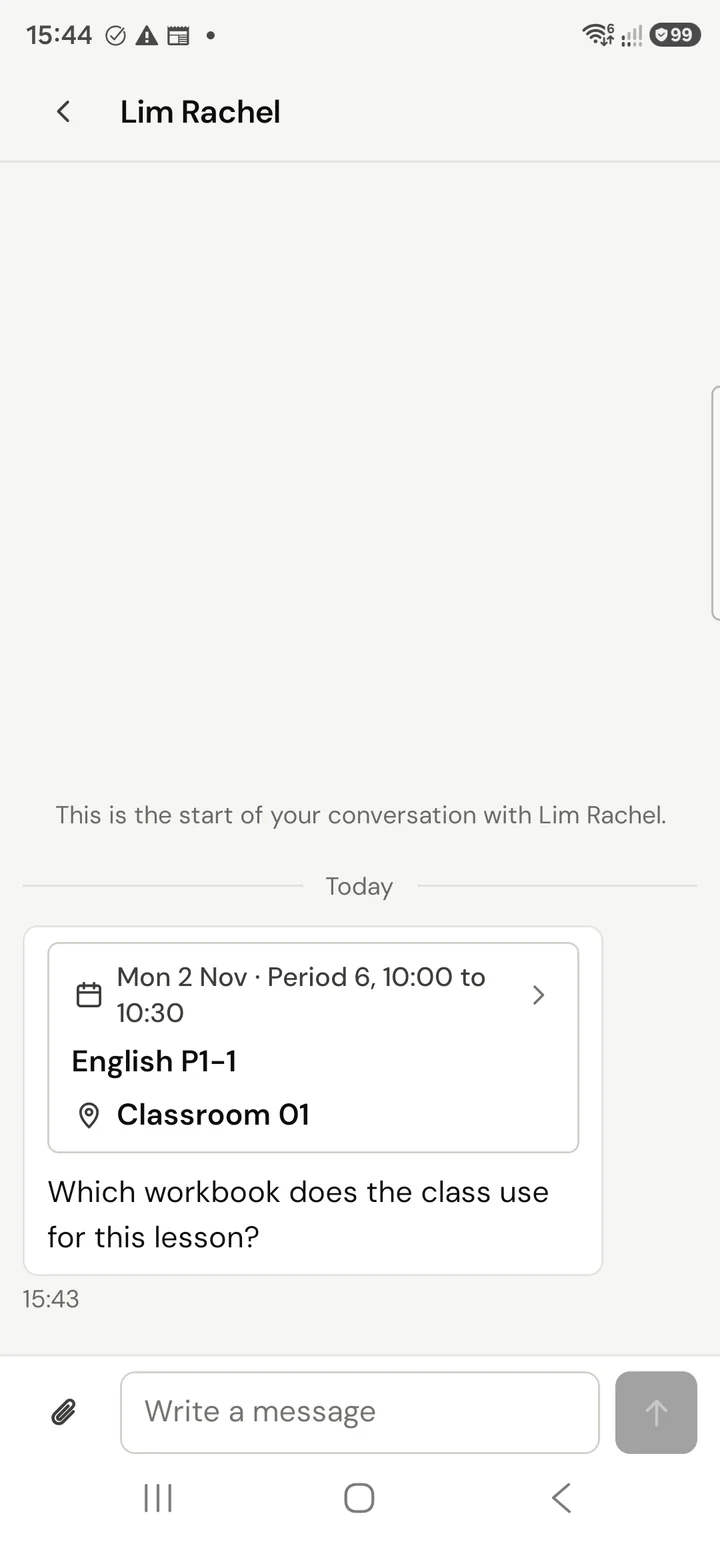 A conversation on the phone with the lesson attached as a card, and a question about which workbook the class uses. Fictional demo data.
