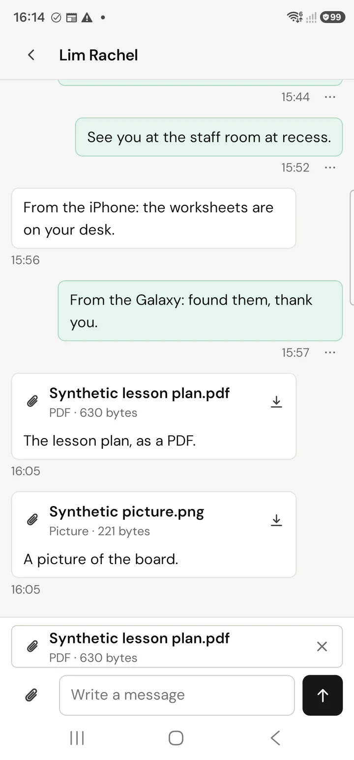 A conversation showing a lesson plan and a picture sent as files, with another file ready to send. Fictional demo data.