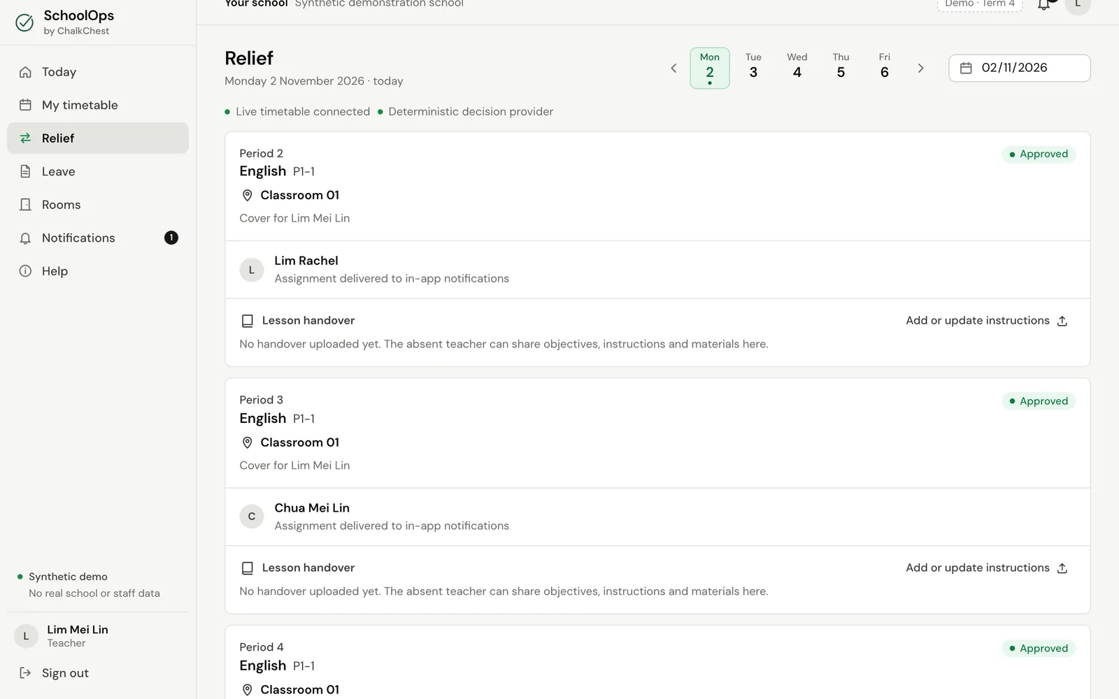 A lesson card on the Relief page showing the room and the covering teacher. Fictional demo data.