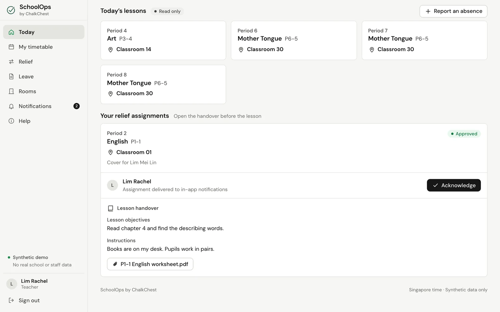 The Today page with a relief assignment, its room and its handover. Fictional demo data.