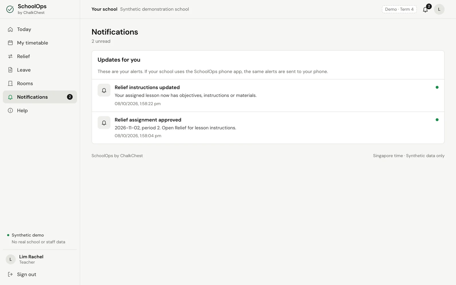 The Notifications page of the teacher who is covering. Fictional demo data.