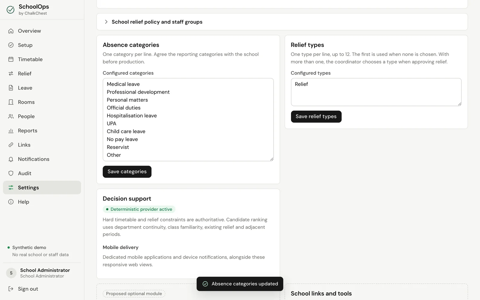 Settings, with the absence categories and the relief types. Fictional demo data.