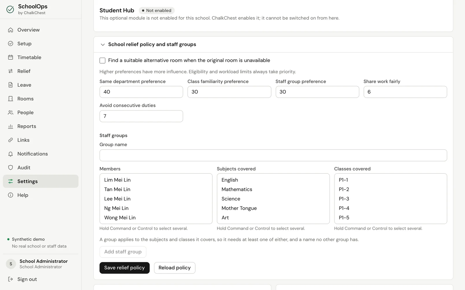 The relief policy with its preferences. Fictional demo data.