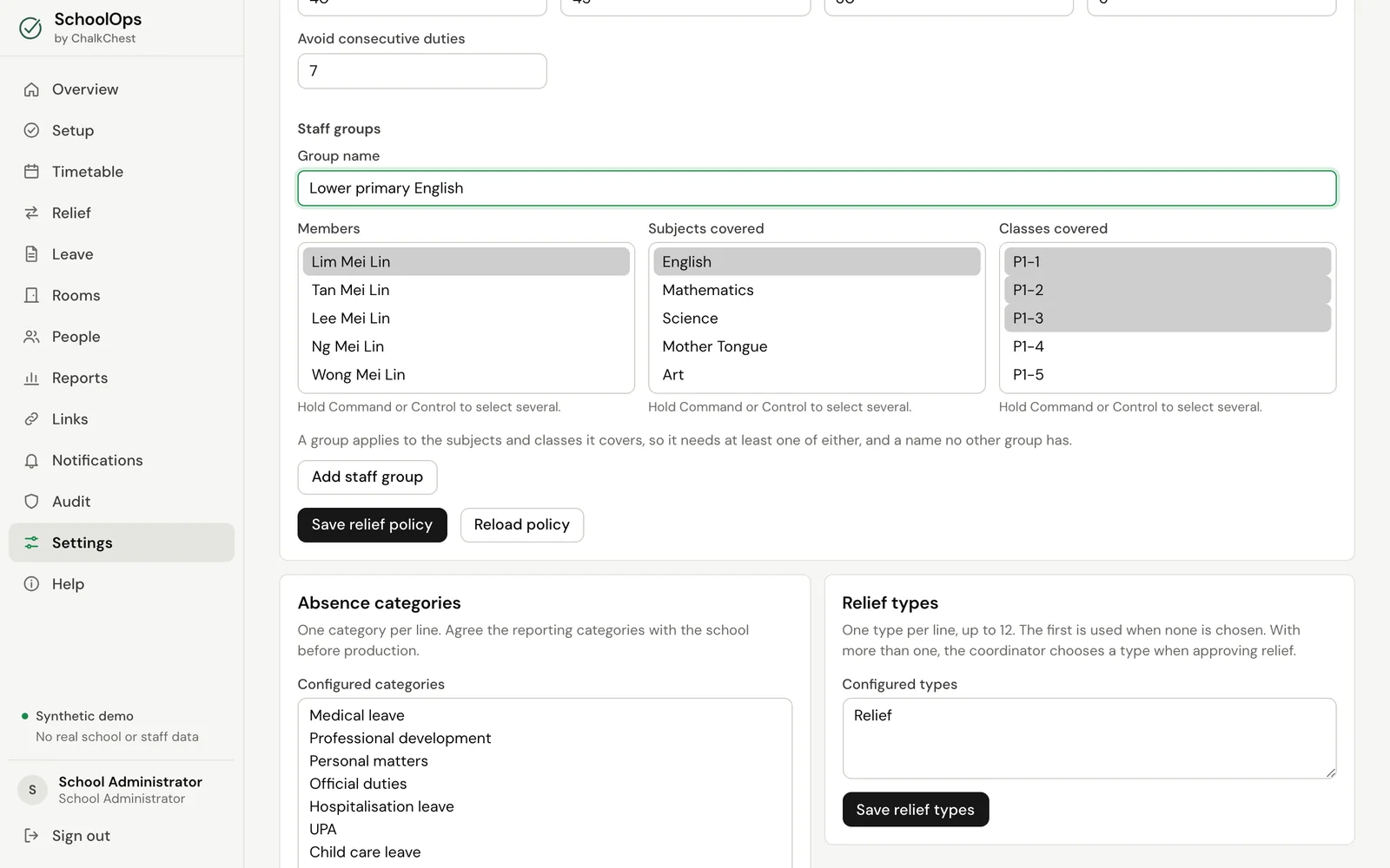 Making a staff group for three classes and one subject. Fictional demo data.