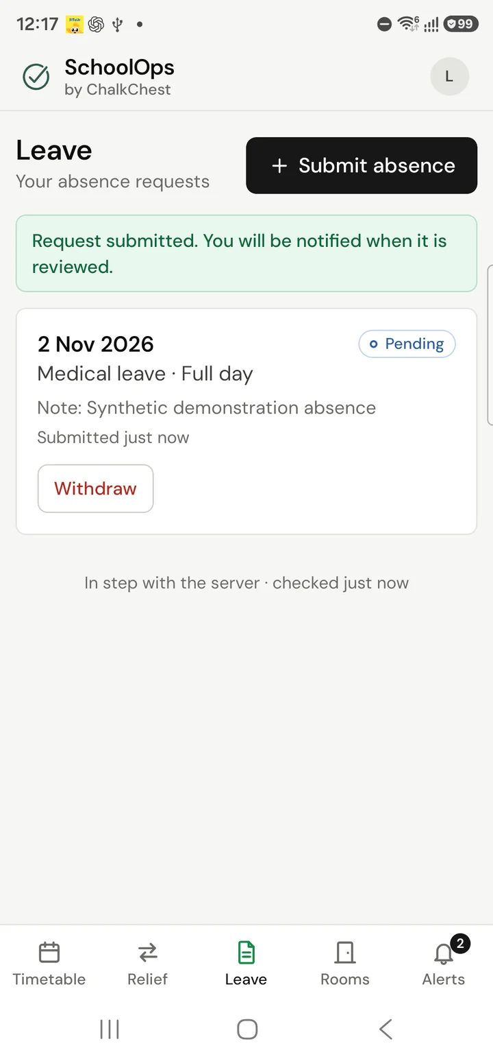 The Leave tab showing the new request marked Pending, with a Withdraw button. Fictional demo data.