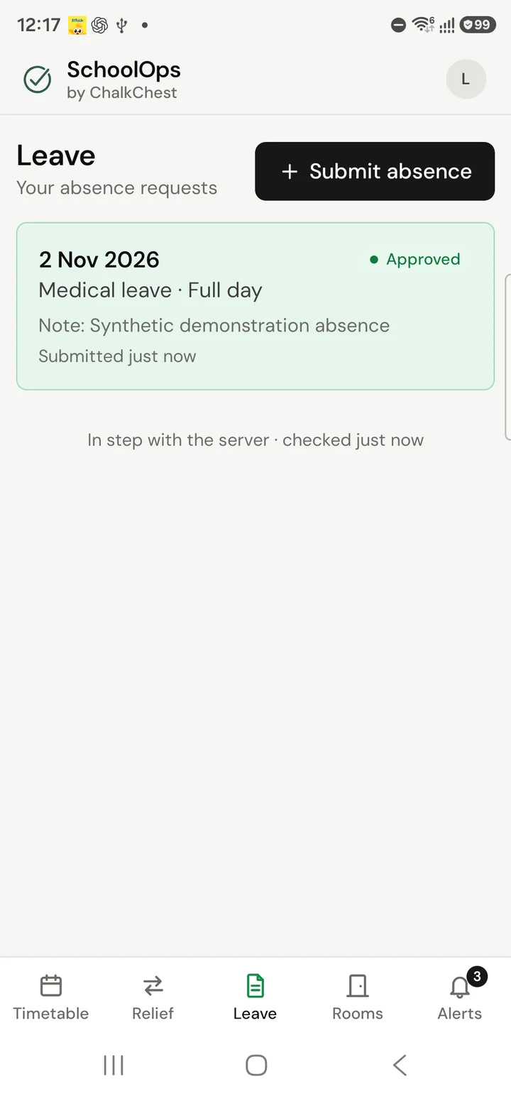 The Leave tab showing the same request marked Approved. Fictional demo data.