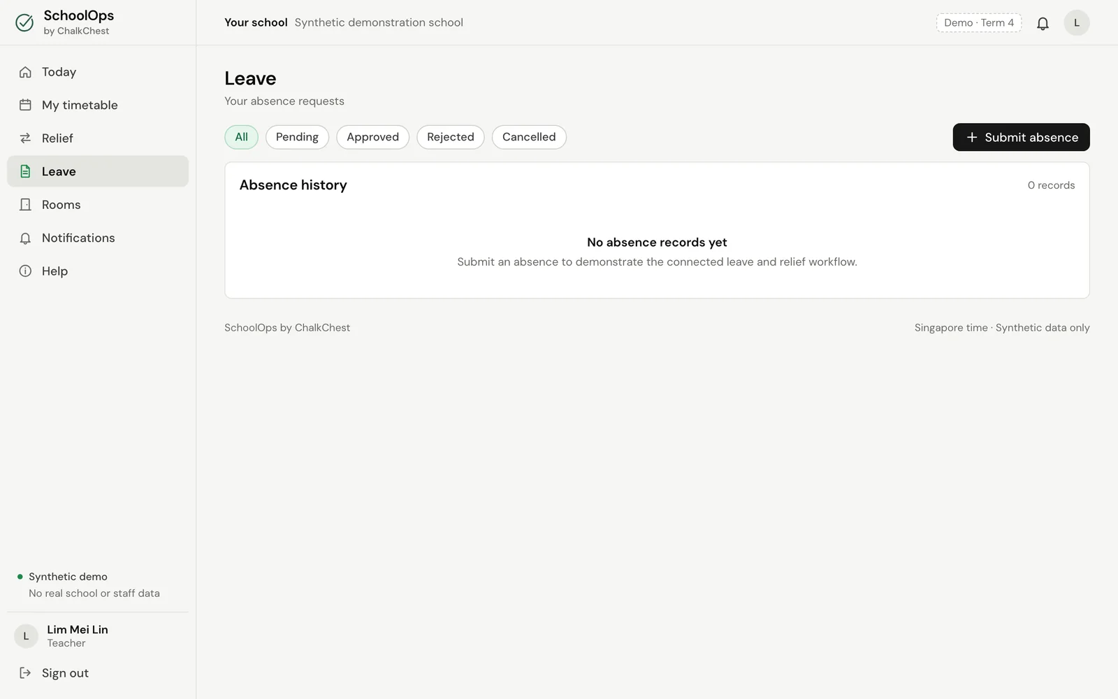 The Leave page, with the Submit absence button at the top right. Fictional demo data.