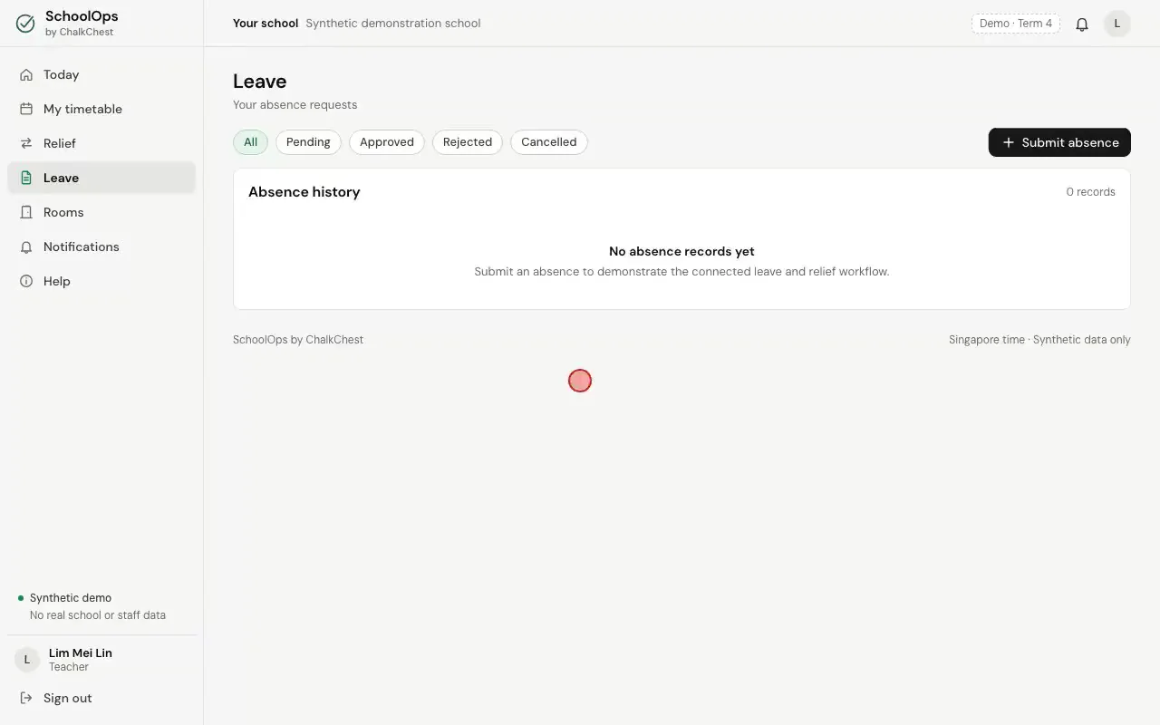 Filling in the Report an absence form and sending it for approval. Fictional demo data.