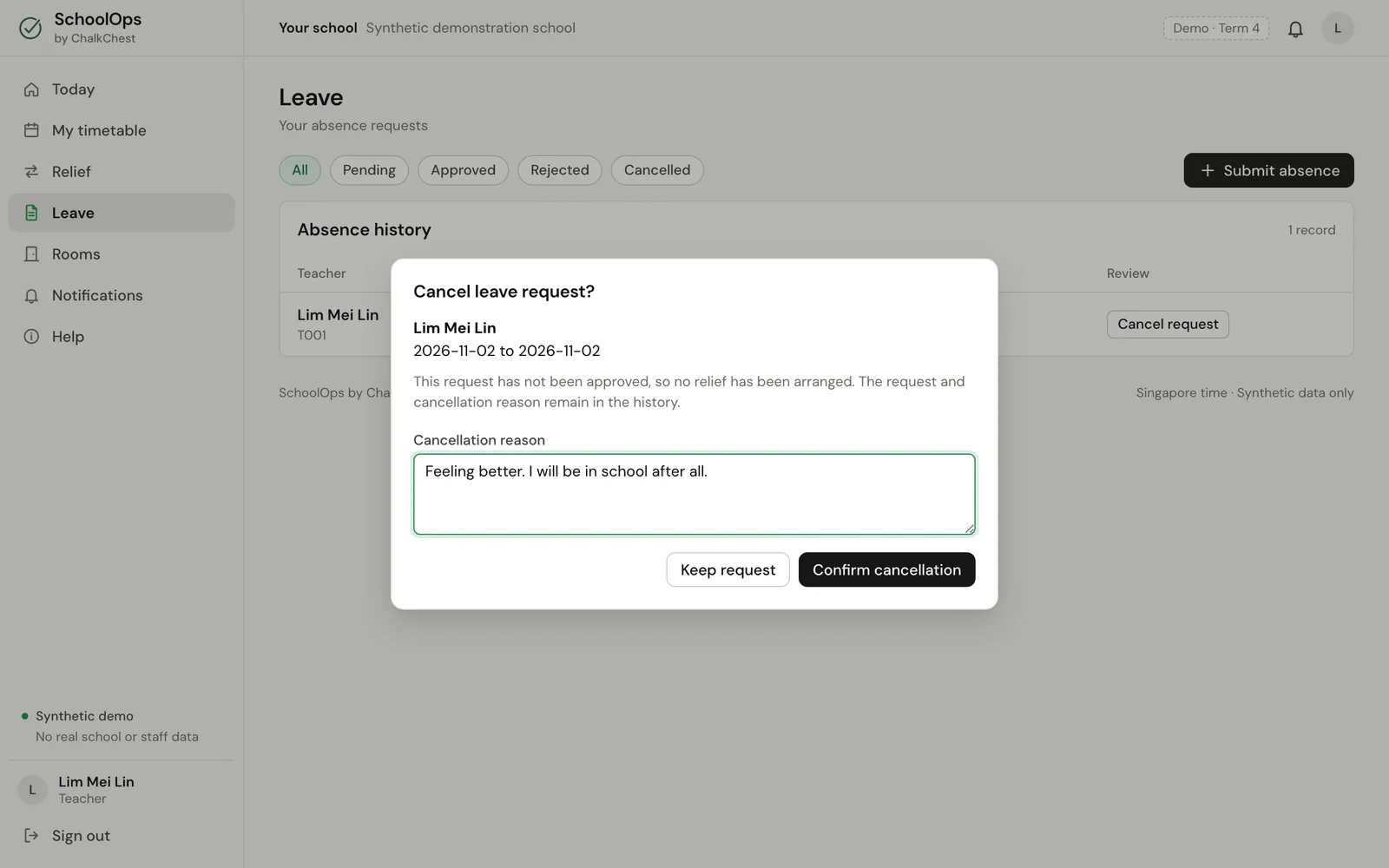 The Cancel leave request window with a reason typed in. Fictional demo data.