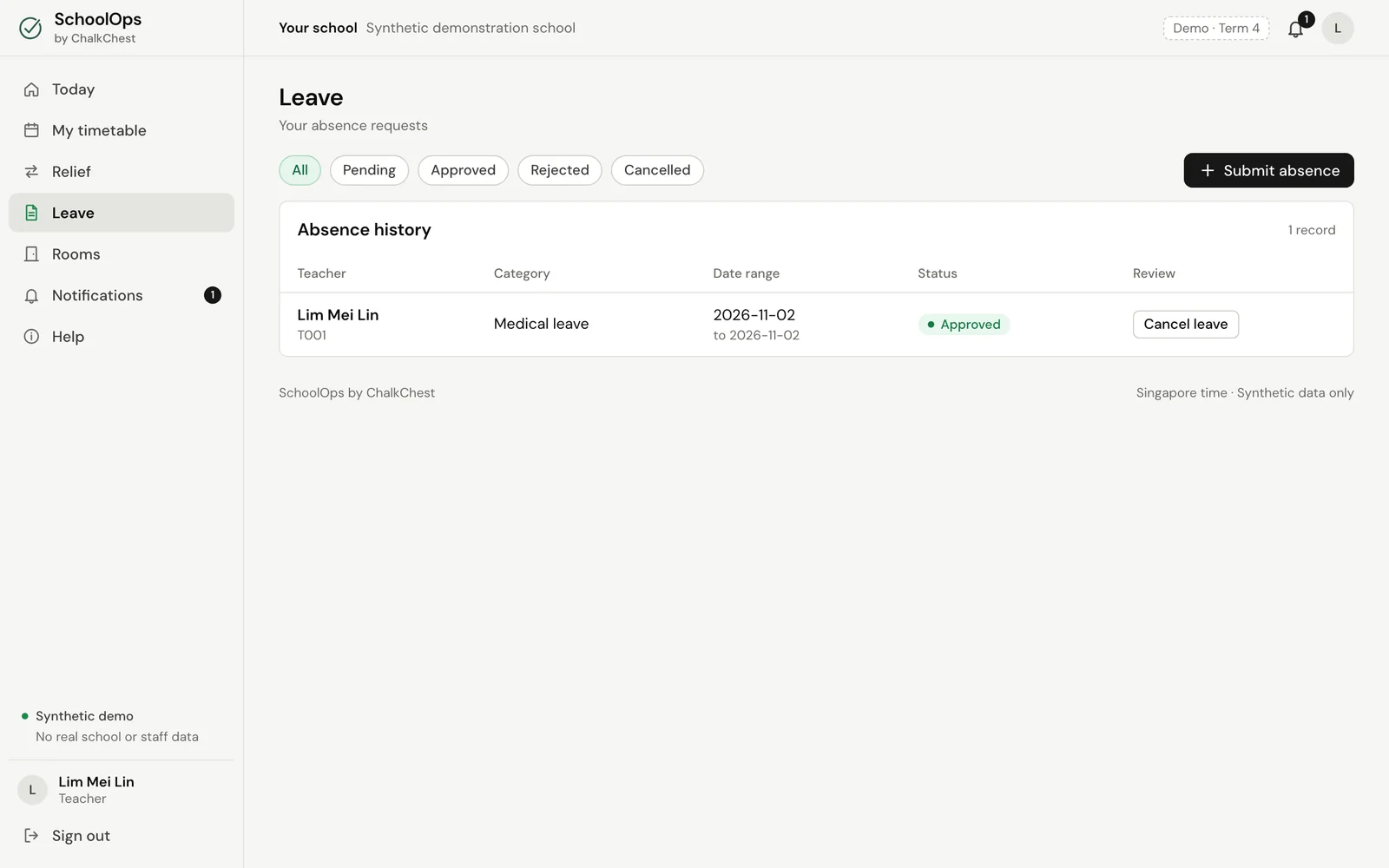 The same request, now marked Approved, with a Cancel leave button. Fictional demo data.