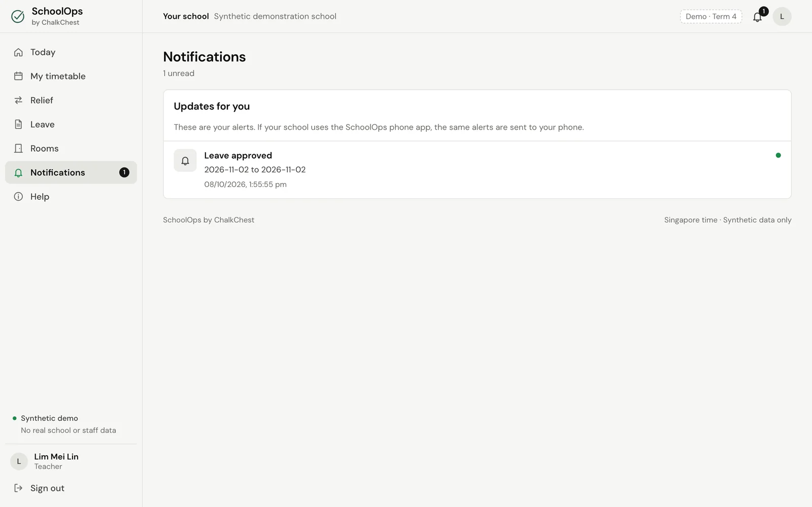 The Notifications page showing Leave approved. Fictional demo data.