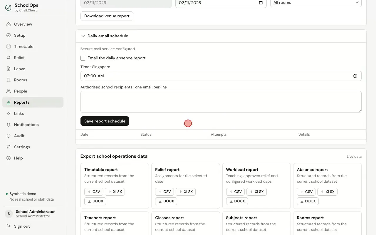 Switching on the daily email, typing a recipient and saving. Fictional demo data.