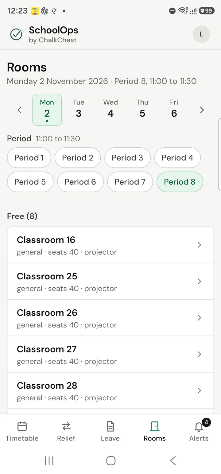 The Rooms tab on the phone for one period, listing the free rooms. Fictional demo data.