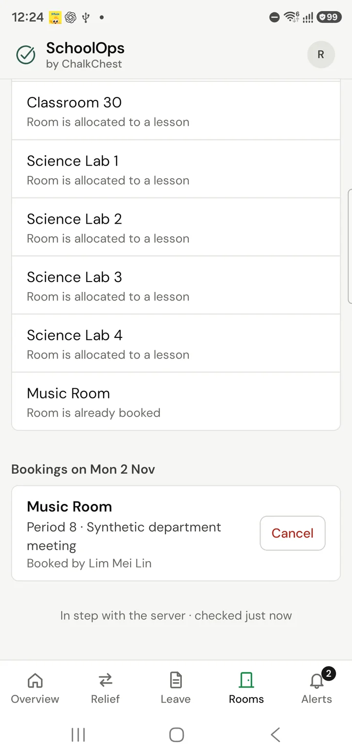 The lower part of the Rooms tab, showing rooms in use and a booking with a Cancel button. Fictional demo data.