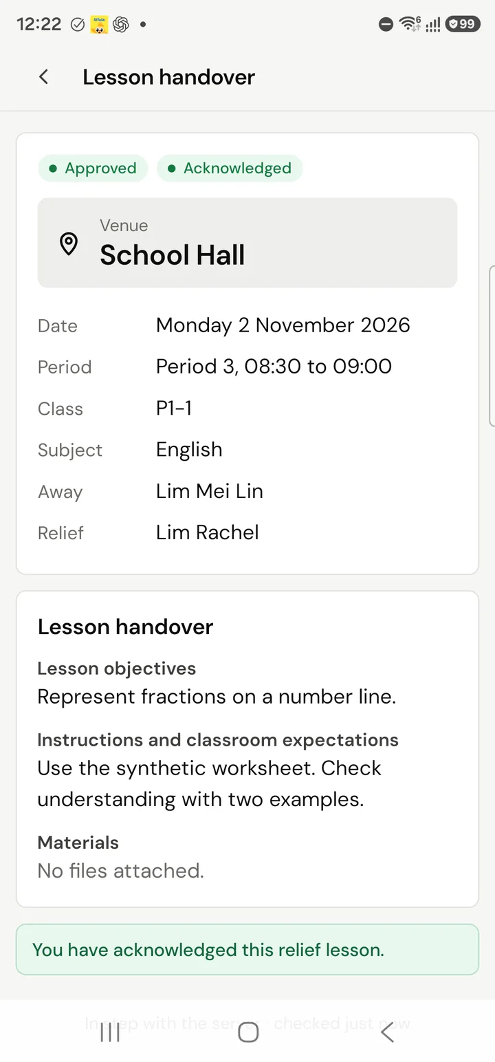 The relief teacher’s lesson now showing School Hall as its room. Fictional demo data.